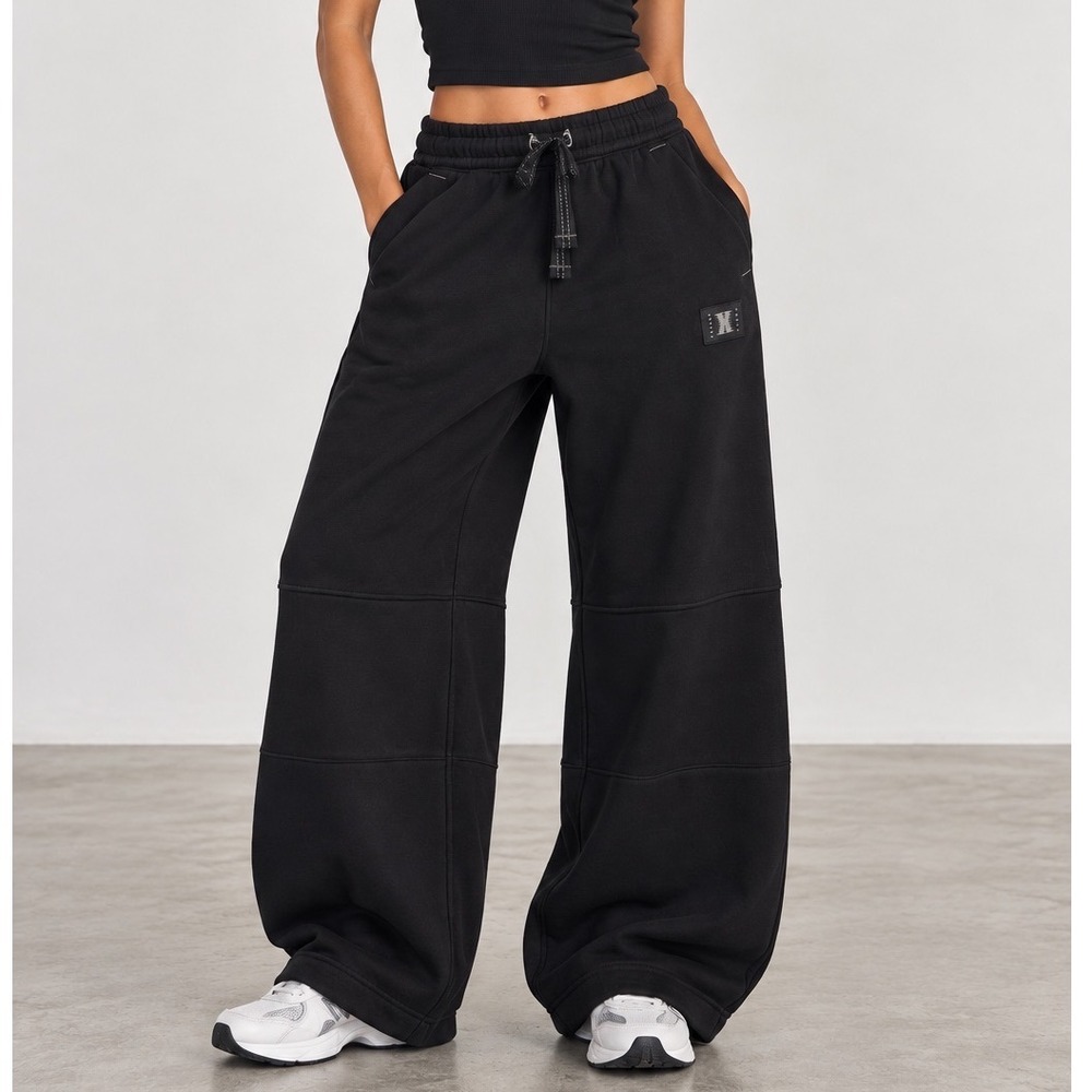 Savage X Fenty Rihanna Black Wide Leg Sweatpants Drawstring Joggers Medium NEW